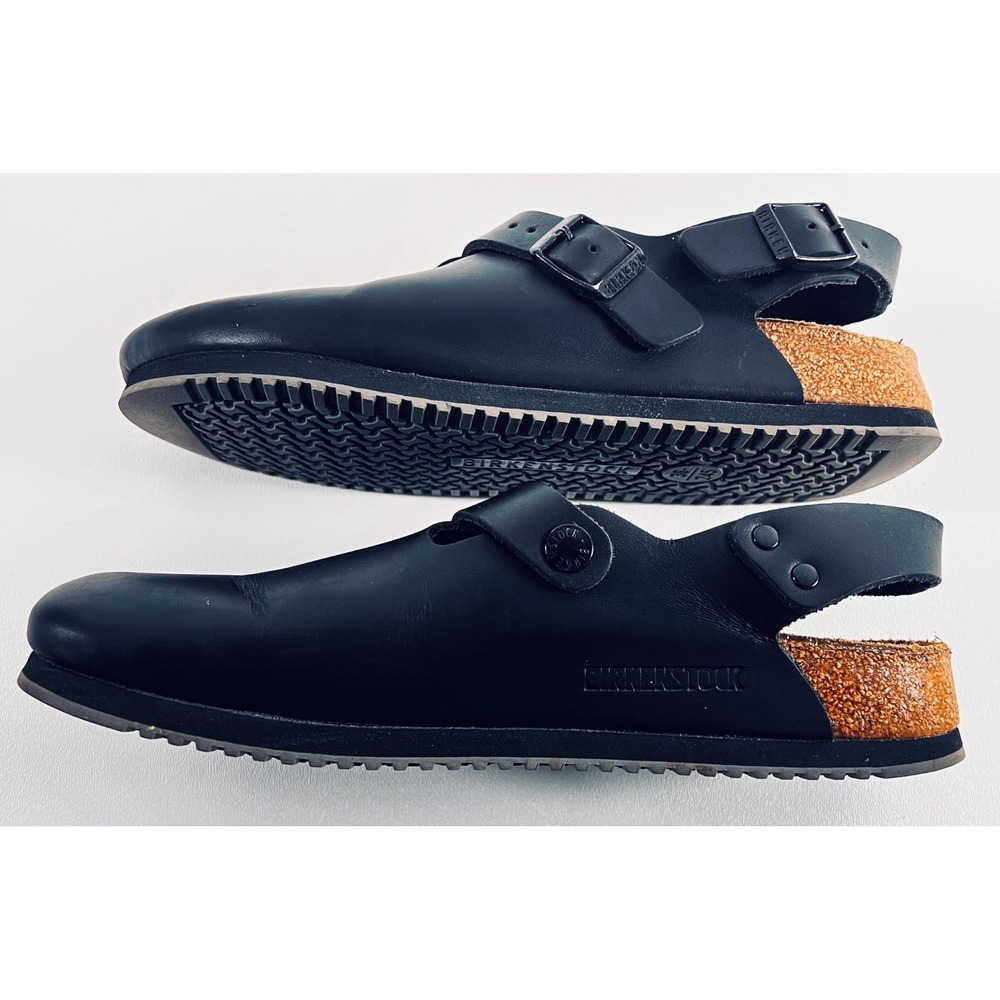 Birkenstock Tokio Women 38/ 7.5 Narow Black Leather Clogs Adjustable Heel Straps